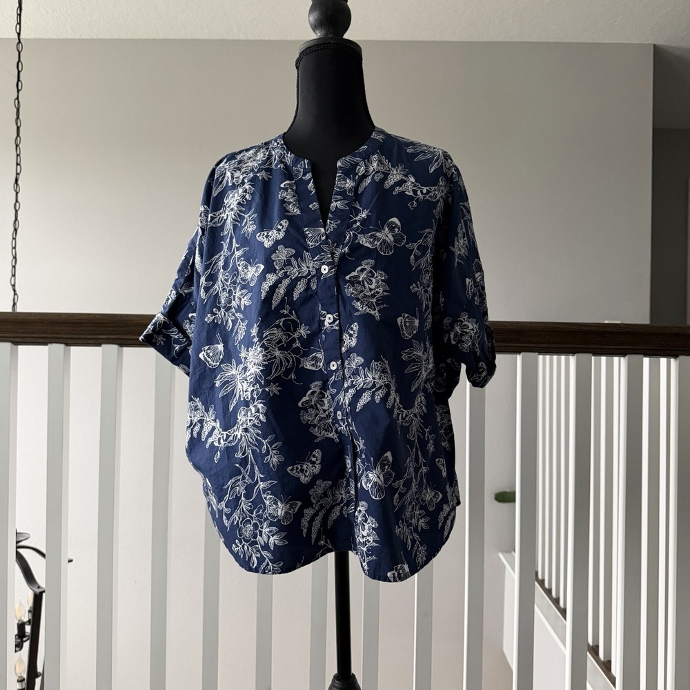 Talbots Women SP Blue Band Collar Button Front‎ Poplin Shirt Pencil Butterfly